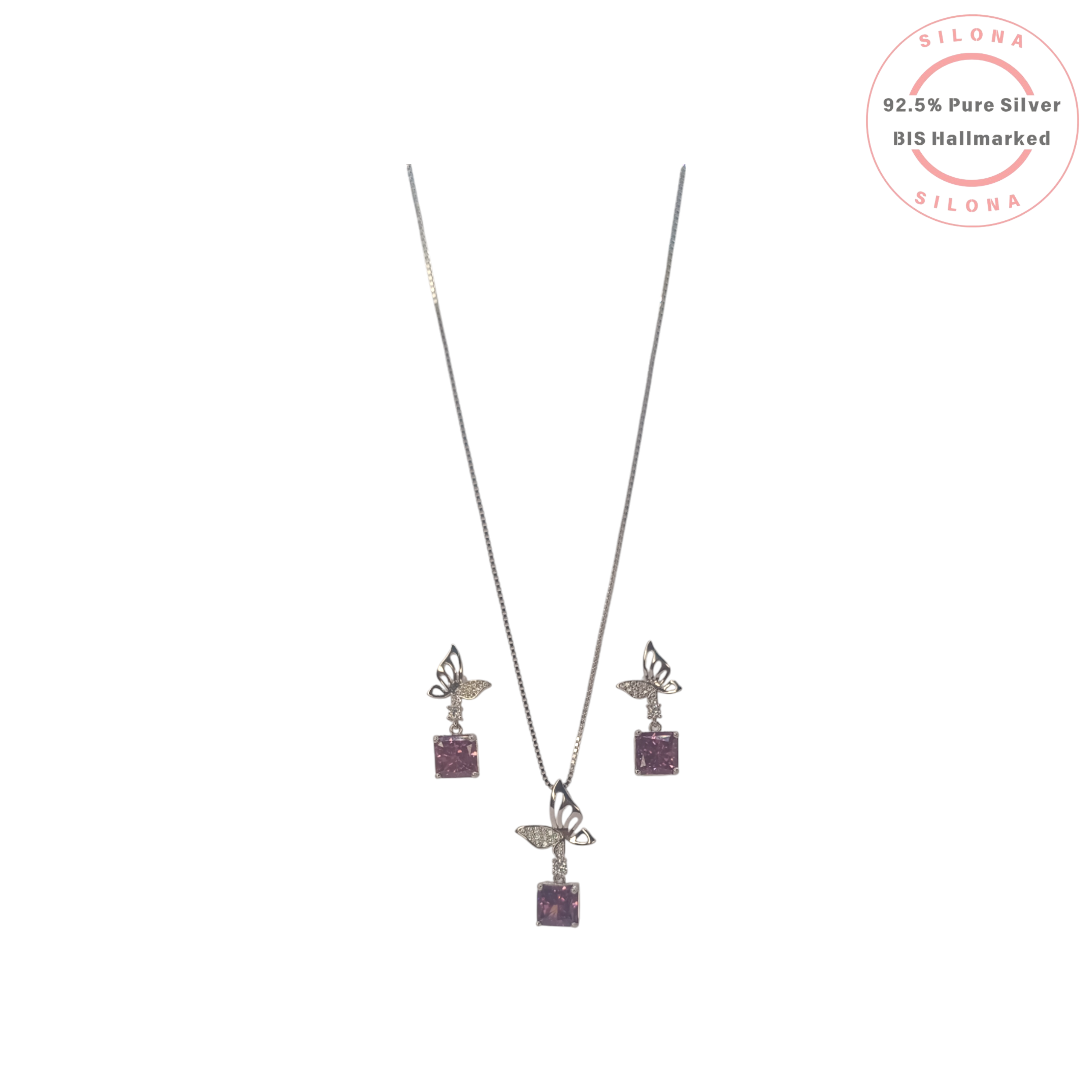 Silona's Modern Butterfly Necklace and Earring Set in 92.5 Silver, featuring amethyst-hued square-cut cubic zirconia stones on a white background.